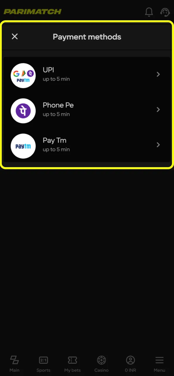 Fund your Parimatch account in seconds.