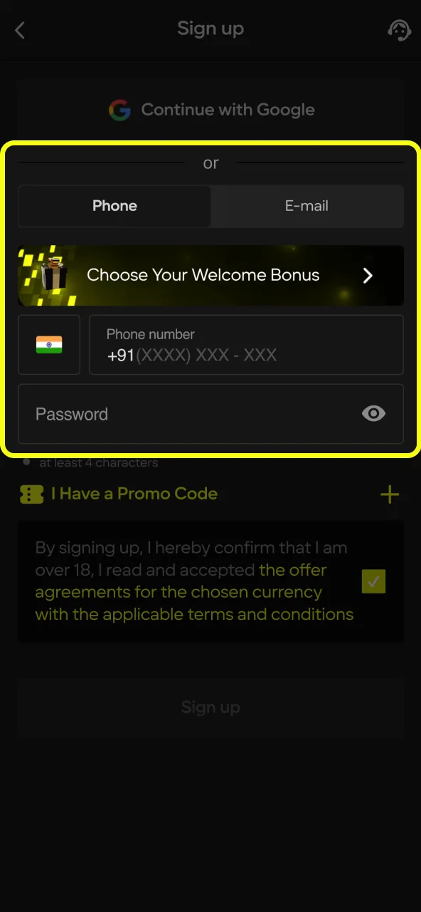 Create Parimatch account and confirm age.