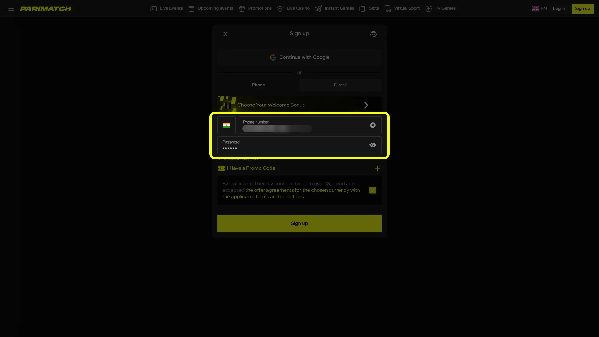 Enter personal info to join Parimatch.