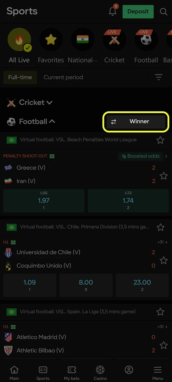 Choose odds and market following the instruction at Parimatch.