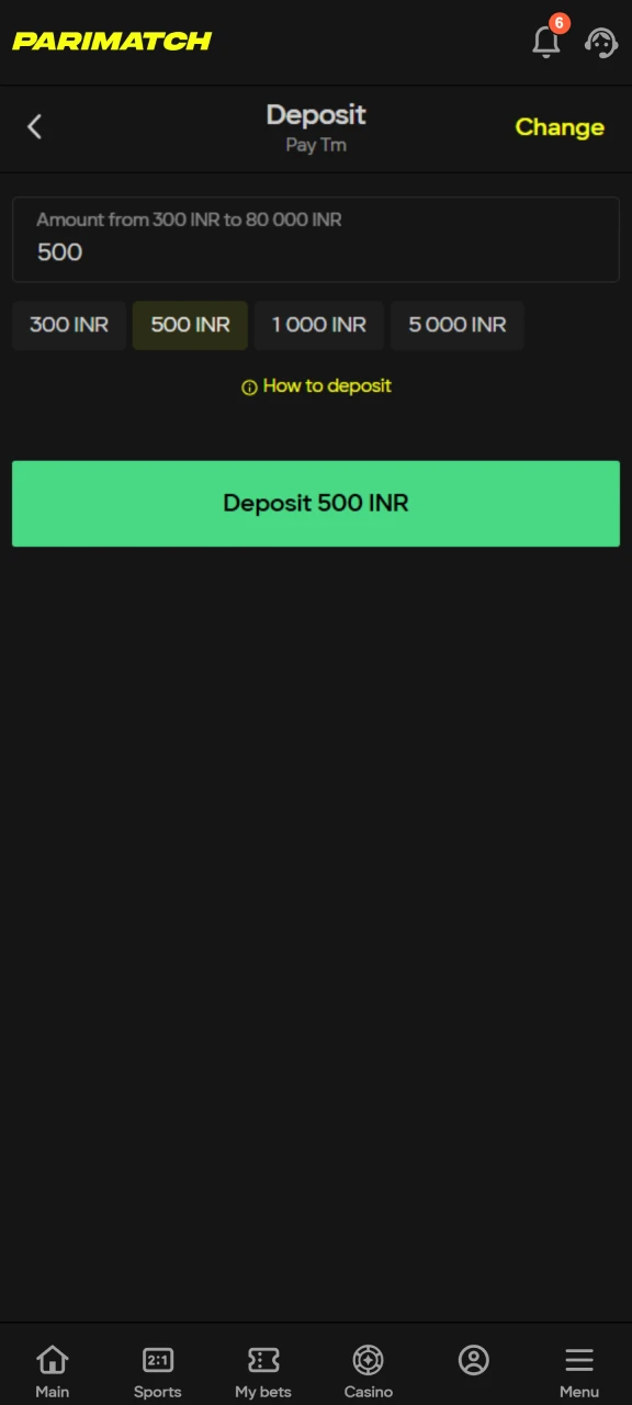 Fund your account to start playing at Parimatch casino.