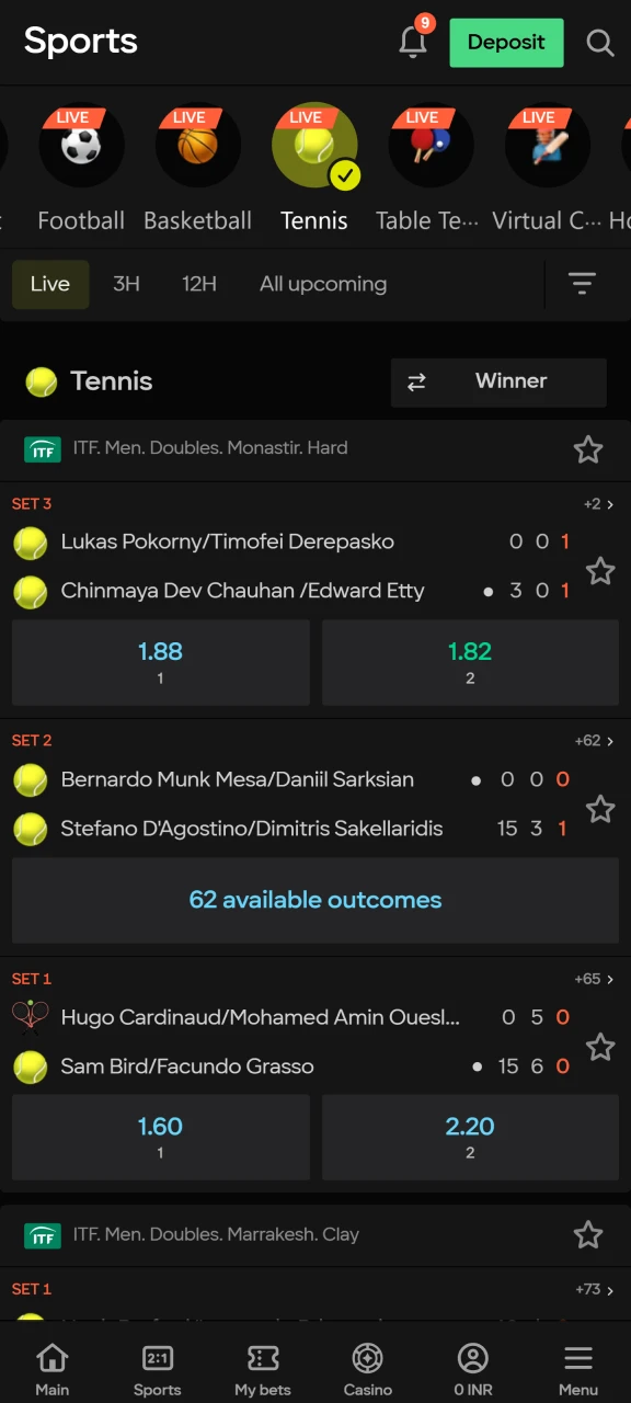 Open the Tennis section on the Parimatch platform.