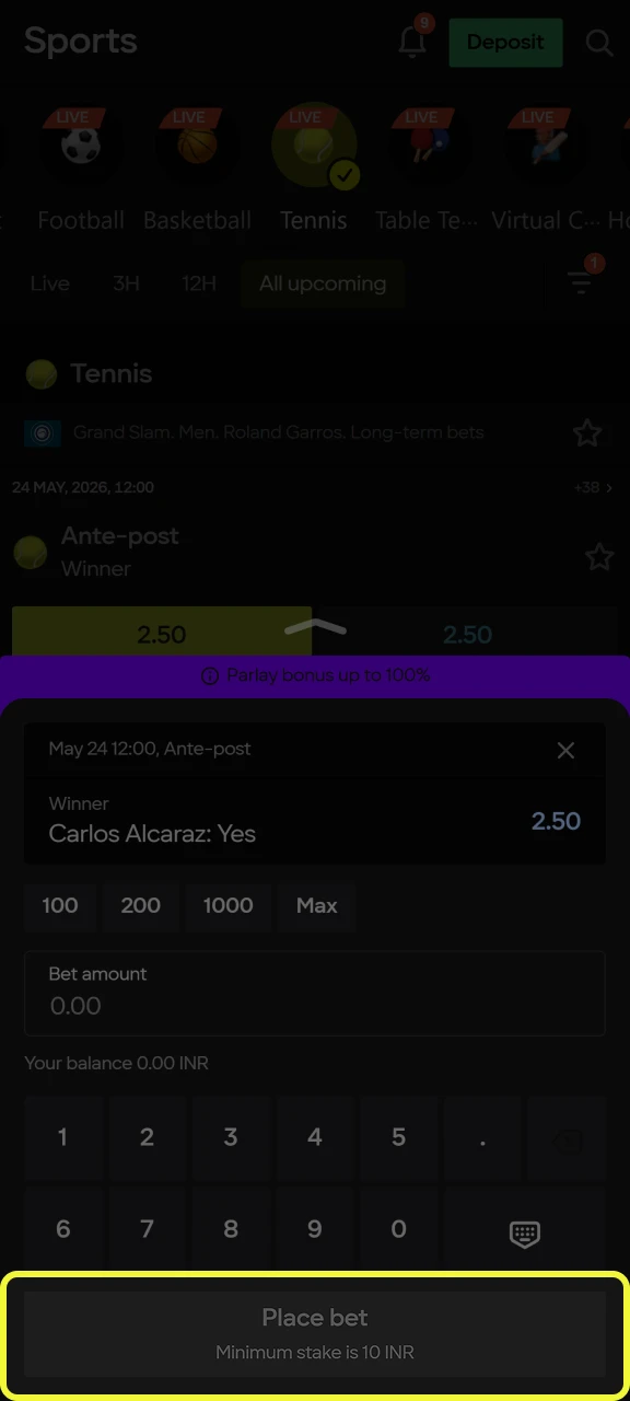 Confirm your tennis bet and wait for the result at Parimatch.