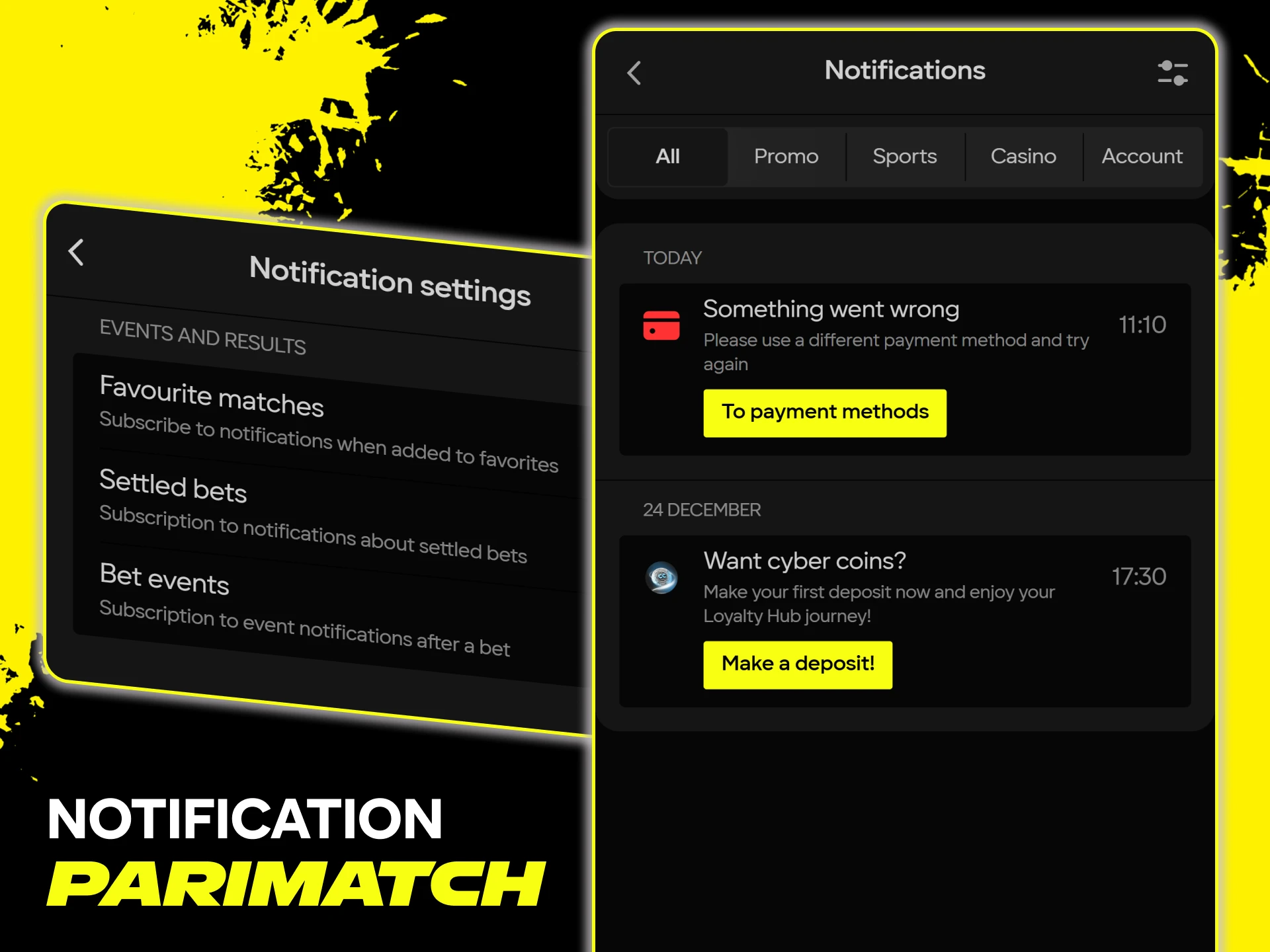 Get the latest updates with notifications from the Parimatch app.