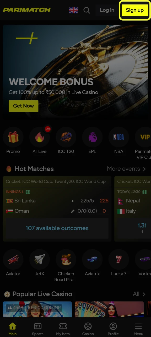 Click Sign Up on the official Parimatch website.