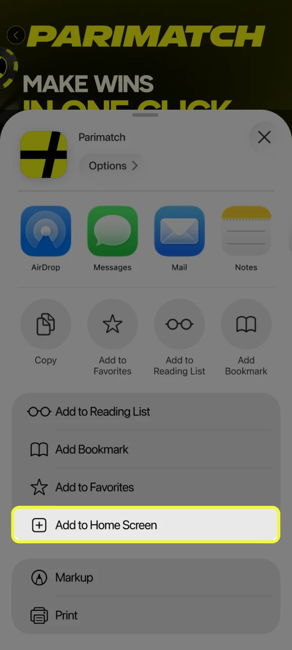 Click Add to Home Screen to create a Parimatch shortcut.