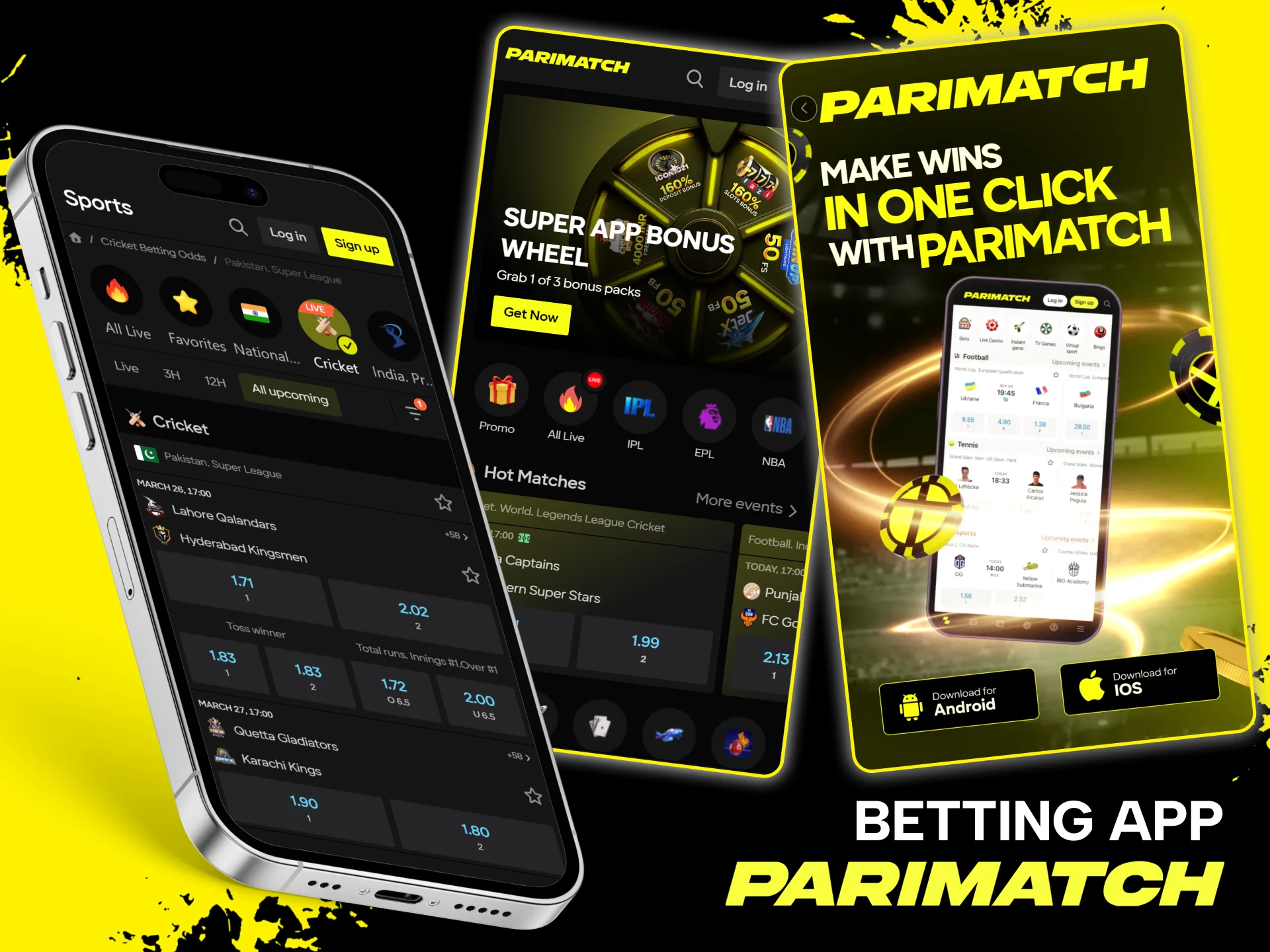 Download the Parimatch mobile app for Android or iOS to place bets on cricket anytime.