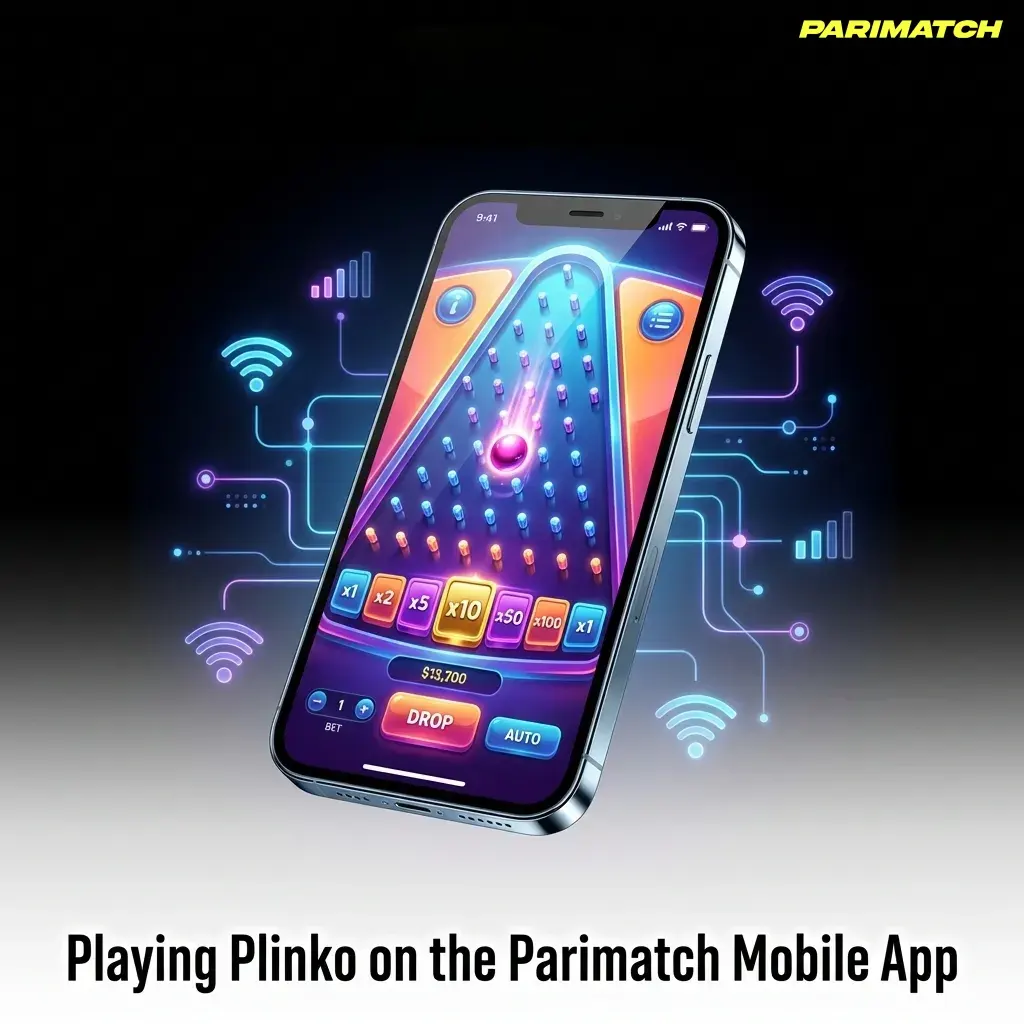 Parimatch Plinko game on mobile app with risk settings and deposits.